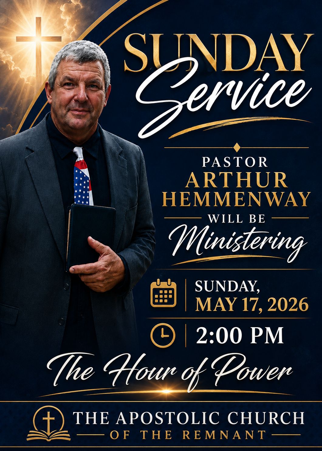 The Apostolic Church of the Remnant promotional flyer for Sunday worship in the Oretta Community, Singer, LA, featuring church leadership and service information