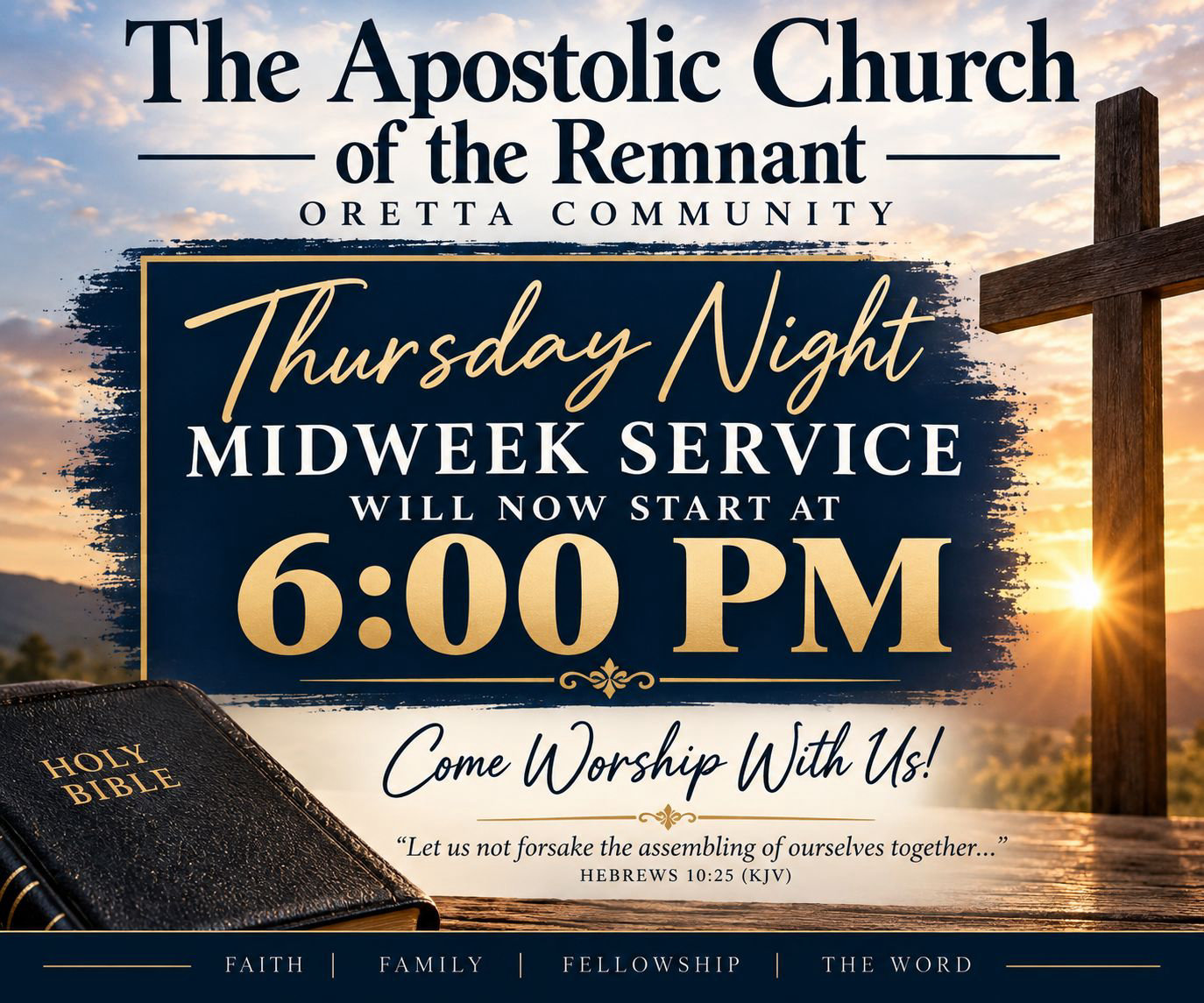 Open Bible and warm sanctuary setting at The Apostolic Church of the Remnant, a pentecostal church in Singer, LA