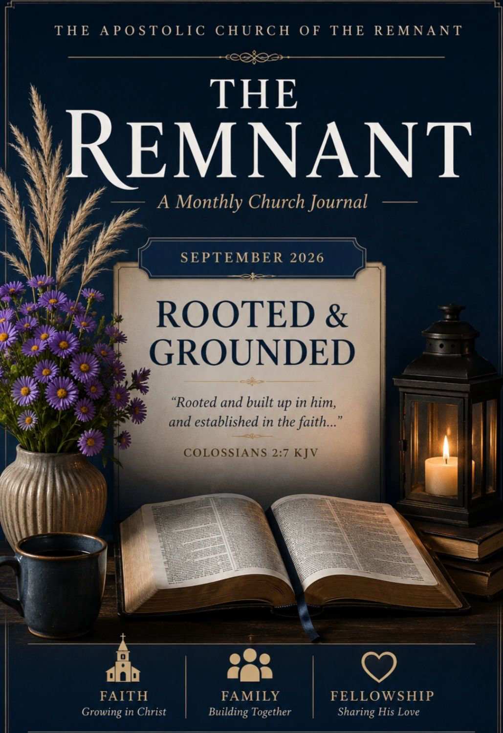 The Apostolic Church of the Remnant monthly Church Journal open on a table, a reading setting for encouragement and teaching from Pastor Arthur Hemmenway in Singer, LA